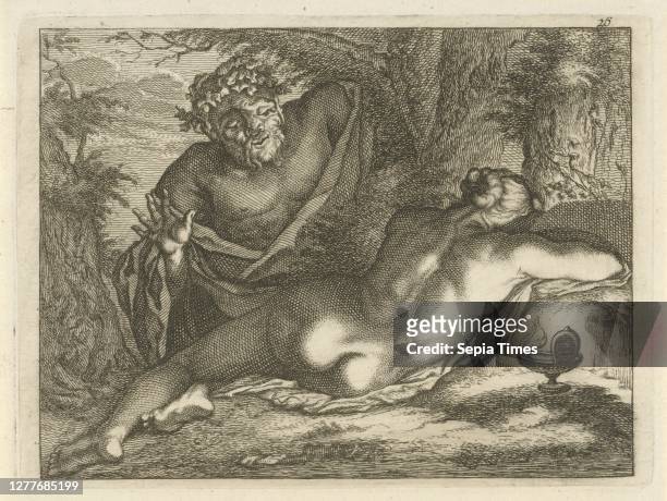 Sleeping nymph spied by a satyr, A naked nymph seen on the back, sleeping by an oil lamp, is spied by a satyr. Copy after the print by Houbraken from...