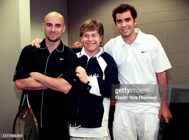 Andre Agassi, Elton John and Pete Sampras attend Elton John & Billie Jean King Smash Hits at The Summit in Houston, Texas September 12, 1996 (Photo...