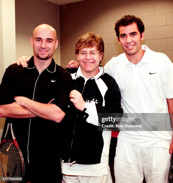 Andre Agassi, Elton John and Pete Sampras attend Elton John & Billie Jean King Smash Hits at The Summit in Houston, Texas September 12, 1996 (Photo...