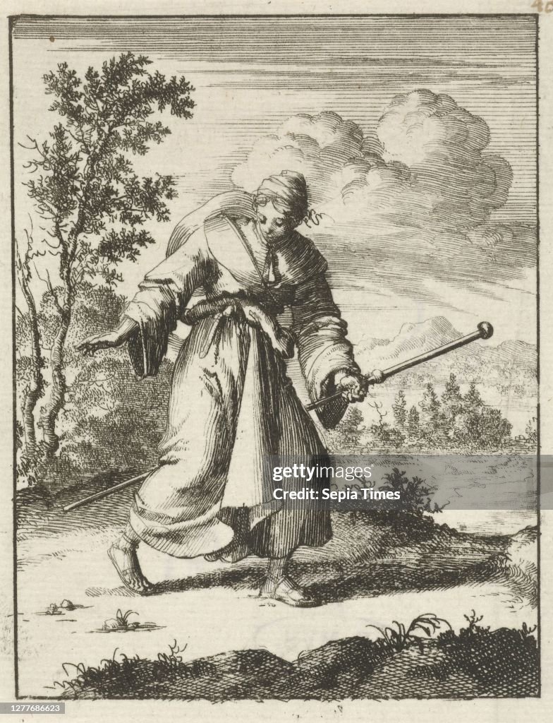 Woman in pilgrim robe looks at her own footsteps East, west, t 'Huys best, pilgrim (s), walking, Jan Luyken, Amsterdam, 1687, paper, etching, h 94 mm × w 72 mm