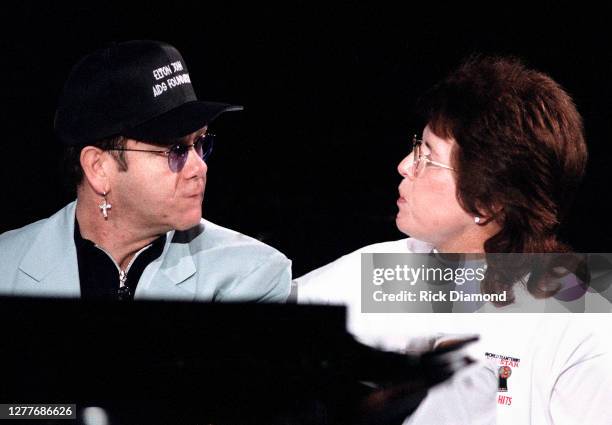 Elton John and Billie Jean King attend Elton John & Billie Jean King Smash Hits at The Summit in Houston, Texas September 12, 1996 (Photo by Rick...