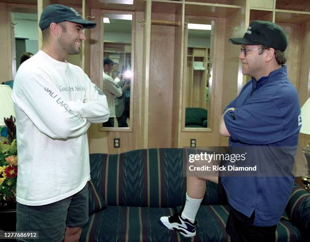 Andre Agassi and Elton John attend Elton John & Billie Jean King Smash Hits at The Summit in Houston, Texas September 12, 1996 (Photo by Rick...