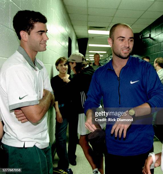 Pete Sampras and Andre Agassi at Elton John & Billie Jean King Smash Hits at The Summit in Houston, Texas September 12, 1996 (Photo by Rick...