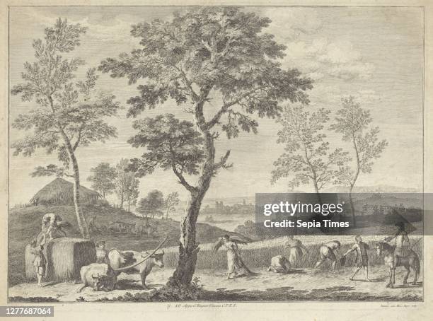Landscape with grain harvest, A river landscape with a group in the foreground farmers and farmers who harvest grain and plow a field with the help...