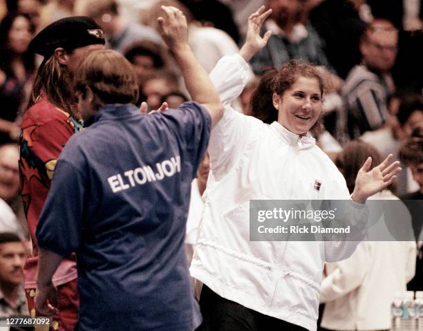 Elton John and Monica Seles attend Elton John & Billie Jean King Smash Hits at The Summit in Houston, Texas September 12, 1996 (Photo by Rick...