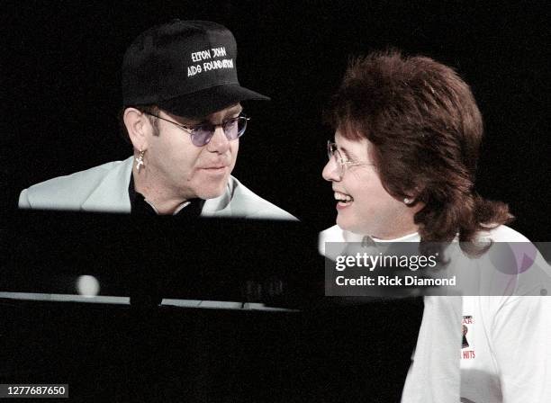 Elton John and Billie Jean King attend Elton John & Billie Jean King Smash Hits at The Summit in Houston, Texas September 12, 1996 (Photo by Rick...