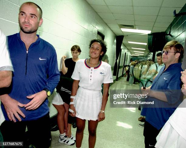 Andre Agassi, Chanda Rubin and Elton John at Elton John & Billie Jean King Smash Hits at The Summit in Houston, Texas September 12, 1996 (Photo by...