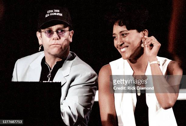 Elton John and Robin Roberts attend Elton John & Billie Jean King Smash Hits at The Summit in Houston, Texas September 12, 1996 (Photo by Rick...