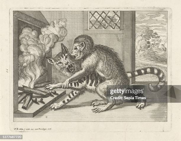 Monkey forces a cat to remove the chestnuts from the fire Various animals , In a room an ape holds the paw of a cat by the fire of the fire....