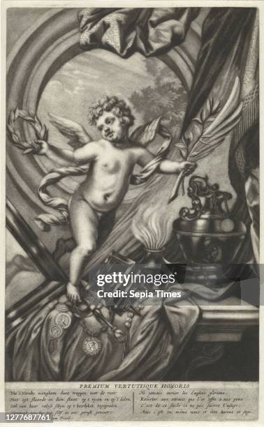 Allegory of the honor Premium vertutisque honoris , Allegory of honor with a putto with a laurel wreath, a palm branch and an olive branch in hand....