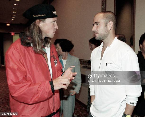 Murphy Jensen and Andre Agassi attend Elton John & Billie Jean King Smash Hits at The Summit in Houston, Texas September 12, 1996 (Photo by Rick...