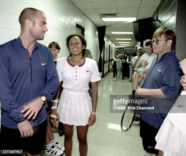 Andre Agassi, Chanda Rubin and Elton John at Elton John & Billie Jean King Smash Hits at The Summit in Houston, Texas September 12, 1996 (Photo by...