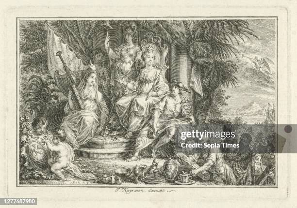 Allegory of the V.O.C, In the middle Batavia, the personification of the V.O.C, with scepter. The Dutch Lion lies at her feet, watching over a bundle...