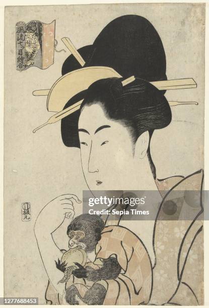 Monkey and tiger Elegant print comparisons of seven eyes Furyu nanatsume e-awase , Bust portrait of a woman wearing a khaki eating dressed monkey,...