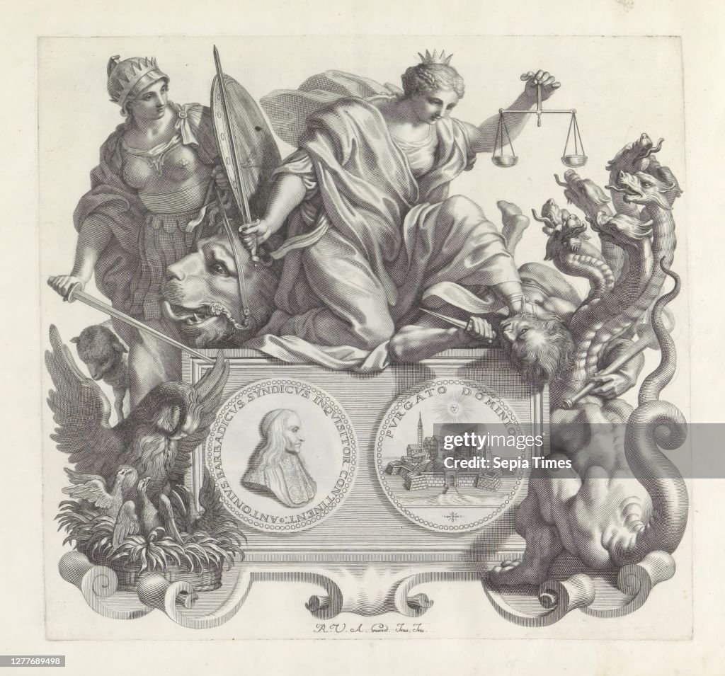 Portrait of Antonio Barbarigo and the personifications of Strength, Justice and Wrath Numismata virorum illustrium ex Barbadica gente (series title), Pedestal in the form of a cartouche. A medallion with the portrait of Antonio Barbarigo on the front. On