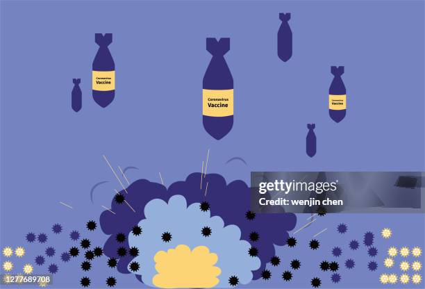 stockillustraties, clipart, cartoons en iconen met nieuw coronavirus gebombardeerd door vaccinbom - springstof wapen