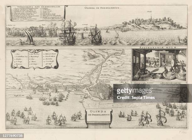 Map and view of Olinda Olinda De Phernambuco. , The print consists of three parts. The map of the Brazilian city of Olinda in the state of Pernambuco...