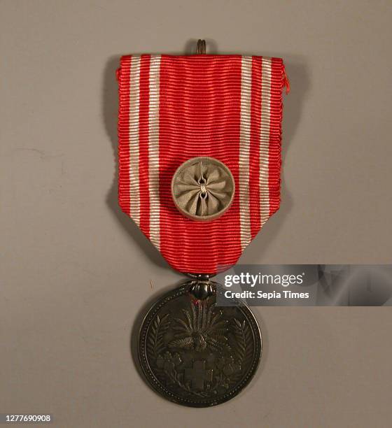 Medal, Japan, late 19th century, Japan, Silver suspended by scarlet and blue ribbon, Diam. 1 1/8 in. , Medals.