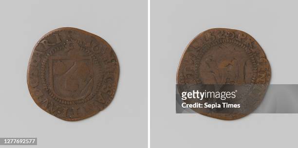 Church of St. Omer, sacrament token with no. 6, Copper medal. Obverse: coat of arms on bishop's staff within a circle. Reverse: Roman numeral VI...