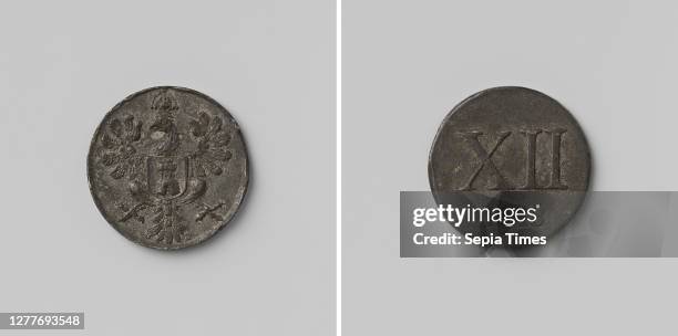 Vro Gereedschap from Middelburg, Medal worth 12 pence, Medal. Front: crowned eagle with coat of arms for chest. Reverse: Roman numeral XII above...