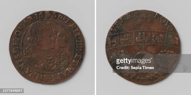Marriage of Philip IV, King of Spain and Maria Anna, Archduchess of Austria, Copper Medal. Obverse: man's and woman's chest pieces inside the cover....