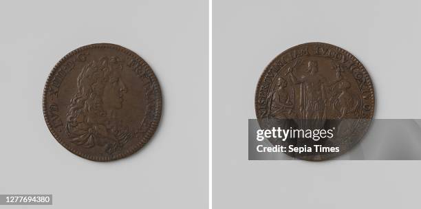 Burgundy taken again by the French, bribe token honored by Louis XIV, King of France, Copper Medal. Front: man's bust to the right within the...