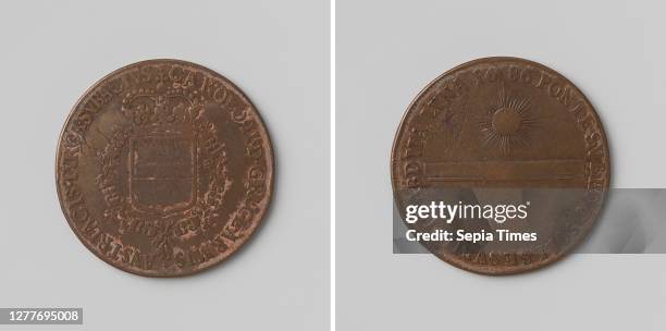 Victory over the Turks, counted token charged by Charles II, King of Spain, Copper Medal. Obverse: crowned coat of arms, hanging with the order of...