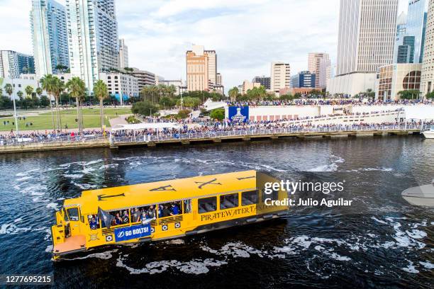 Pirate water taxi boat turns around in front of Curtis Hixon Park in the Hillsborough River at the Tampa Bay Lightning Victory Rally & Boat Parade on...