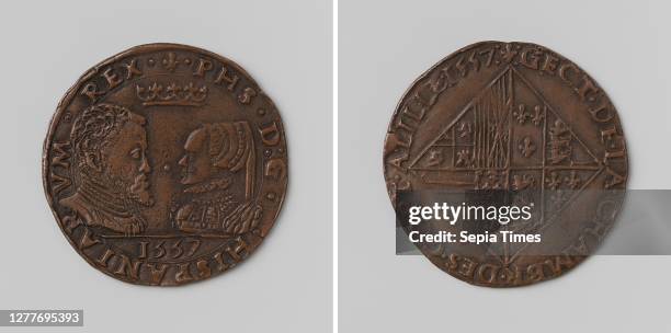 Philip II, King of Spain and Mary I, Queen of England, calculation token from the Court of Audit in Flanders in Lille, Copper Medal. Front: facing...