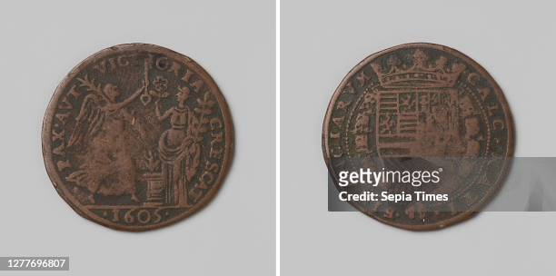 Hope for peace in the Spanish Netherlands, calculation token from the Council of Finance, Copper token. Obverse: winged Victory with victory palm in...