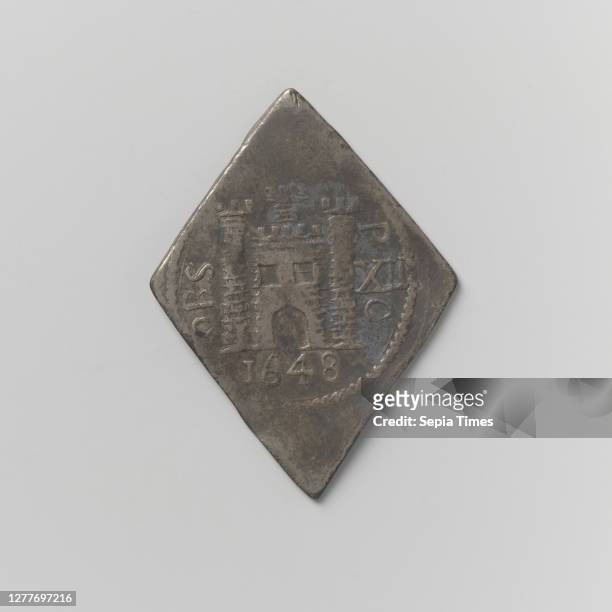 Shilling, Siege of Pontefract by Oliver Cromwell, diamond shaped emergency coin. Front: in round stamp: crown above the letters C and R inside the...