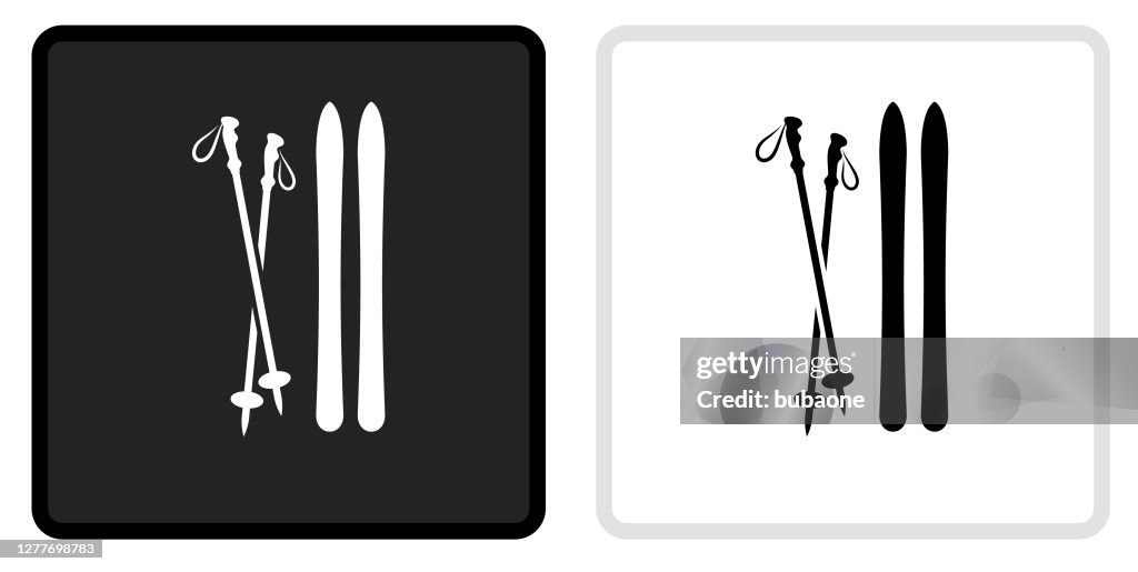 Skiing Equipment Icon on Black Button with White Rollover
