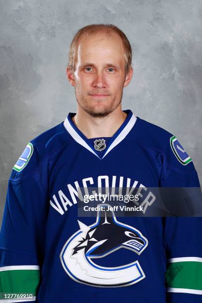 Sami Salo of the Vancouver Canucks poses for his official headshot for the 2011-2012 NHL season at Rogers Arena in Vancouver, British Columbia,...