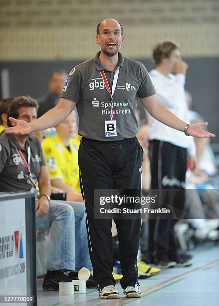 Volker Mudrow, head coach of Hildesheim gestures during the Toyota Handball Bundesliga match between TuS N-Luebbecke and Eintracht Hildesheim on...