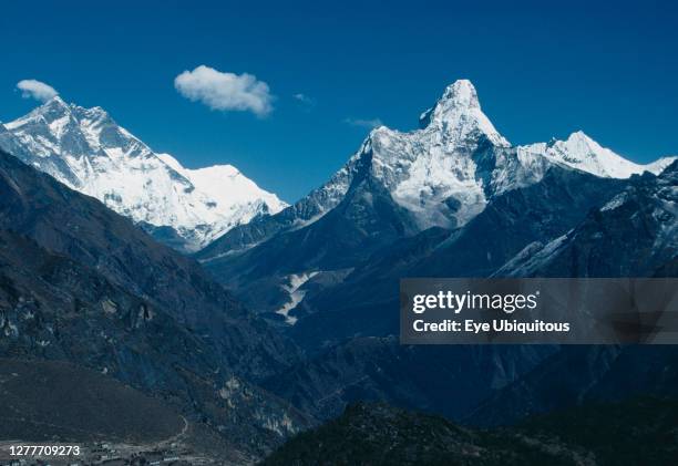 Nepal, Sagarmatha National Park, Near Namche, View toward Ama Dablam 6856m Everest 8848m and Lhotse 8501m.