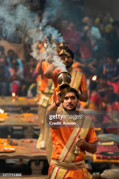 Ganga Aarti at Ghats or holy steps of Varanasi, Ganges, Uttar Pradesh, India, Asia.