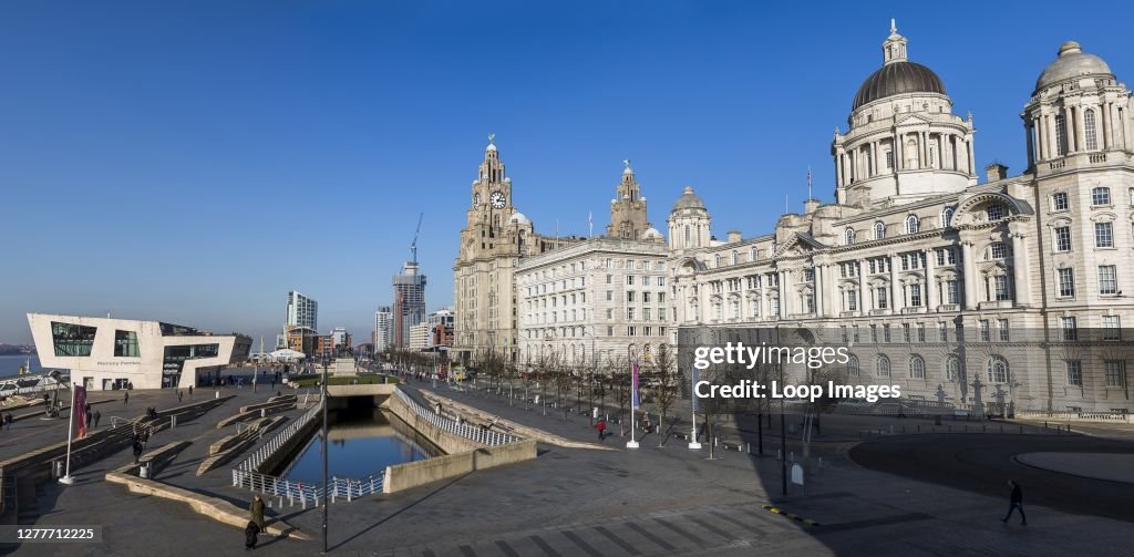 Panorama of the Three Graces on the Liverpool waterfront.
