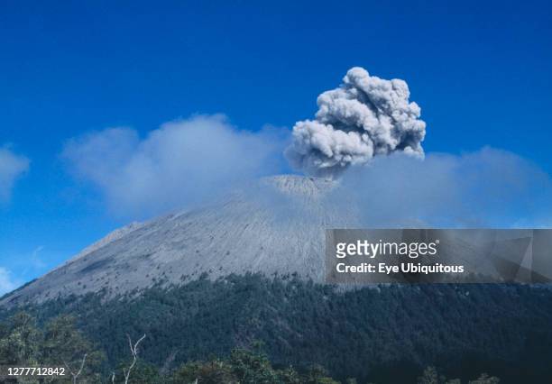 Indonesia, Java, Mount Semeru, View toward summit errupting plume of smoke.