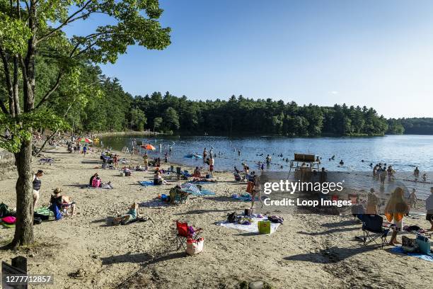 Walden Pond beach is a popular swimming destination at Concord in Massachusetts.