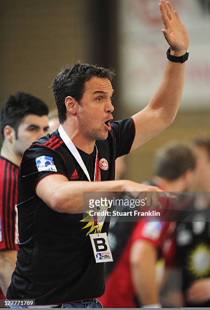 Markus Baur, head coach of Luebbecke gestures during the Toyota Handball Bundesliga match between TuS N-Luebbecke and Eintracht Hildesheim on October...