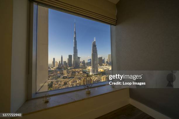 View on the Burj Khalifa from the window of an elegant Dubai home.