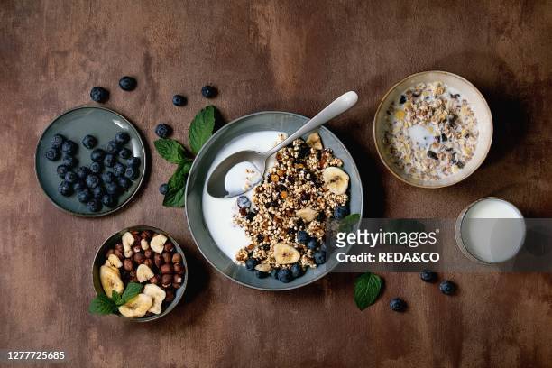 Homemade crunchy puffed millet grain granola with dried fruits and nuts in ceramic bowl. With yogurt. Mint and ingredients above. Brown texture...