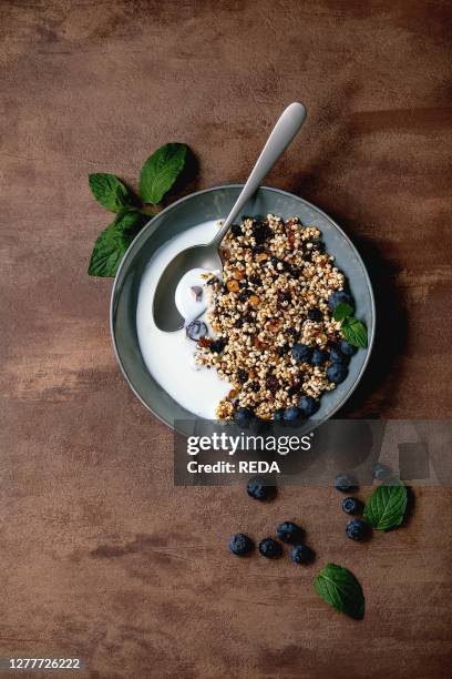 Homemade crunchy puffed millet grain granola with dried fruits and nuts in ceramic bowl. With yogurt. Mint and ingredients above. Brown texture...