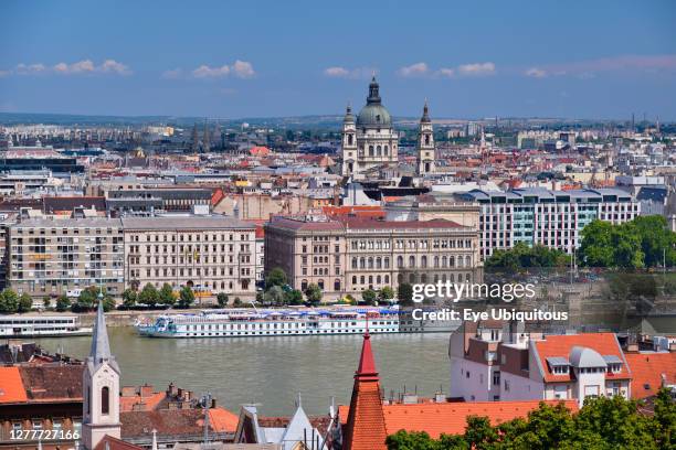 Hungary, Budapest, River Danube with St Stephens Basilica as seen from Castle Hill.