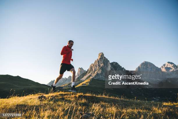 trail runner attraversa il prato alpino all'alba - man running foto e immagini stock