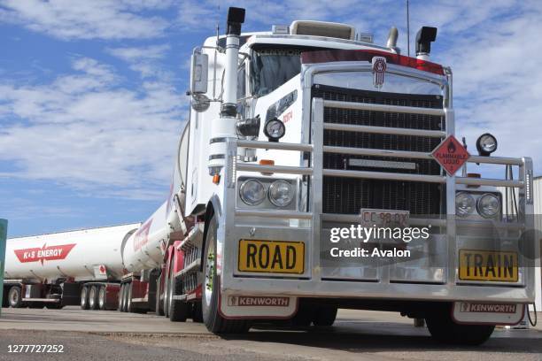 Road train driving in central Australia Outback.