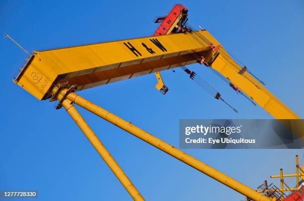 Ireland, County Antrim, Belfast, Queens Island, Angular view of one of the two Harland and Wolff cranes known as Samson.