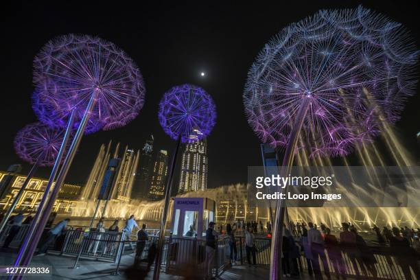 Crowds gather to watch the dancing fountain show under a full moon and dandelion sculptures at the base of the Burj Khalifa in Dubai.