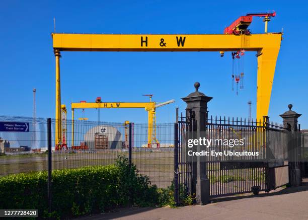 Ireland, County Antrim, Belfast, Queens Island, Harland and Wolff cranes Samson and Goliath.