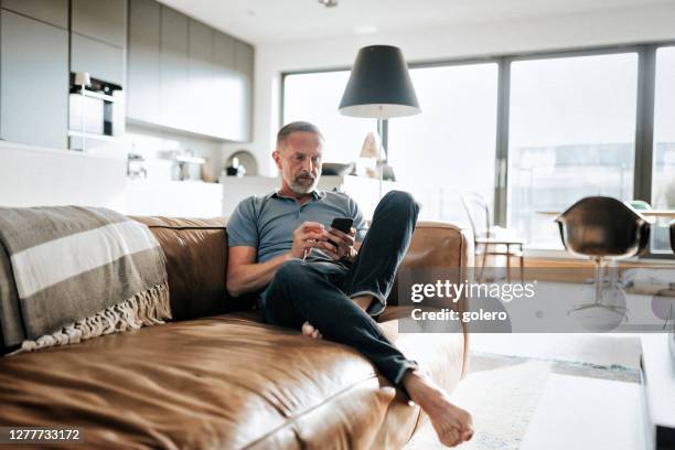 guapo hombre barbudo midaged mirando el teléfono móvil en el sofá - beautiful living room fotografías e imágenes de stock